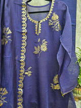 3 Piece Chanderi Mulmul Semi Stitched Suit Set in Shade of Violet