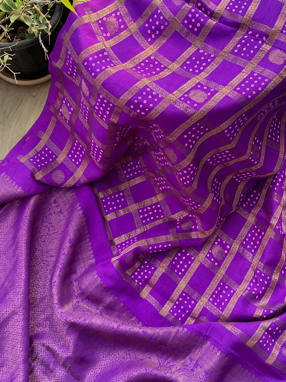 Violet Kanjivaram Silk Bandhani Saree