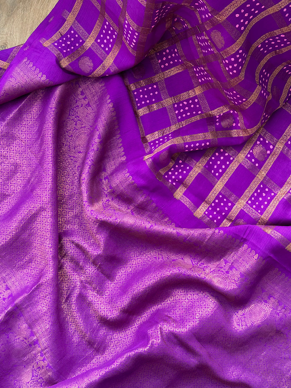 Violet Kanjivaram Silk Bandhani Saree