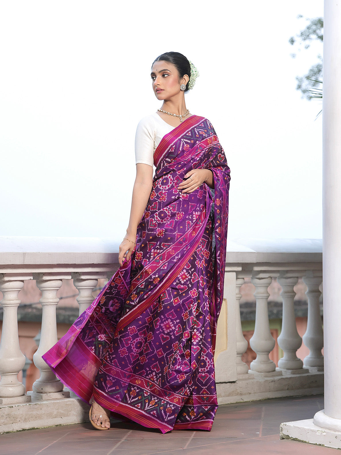 Stylish Handloom Violet and Pink Mulberry Silk Ikat Patola Saree with Intricate Pan Bhat Motif