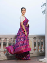 Stylish Handloom Violet and Pink Mulberry Silk Ikat Patola Saree with Intricate Pan Bhat Motif