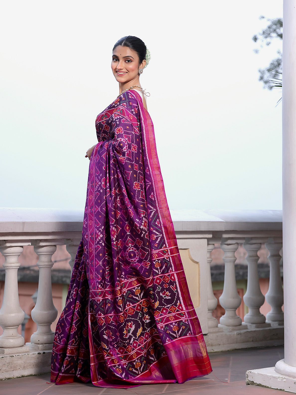 Stylish Handloom Violet and Pink Mulberry Silk Ikat Patola Saree with Intricate Pan Bhat Motif