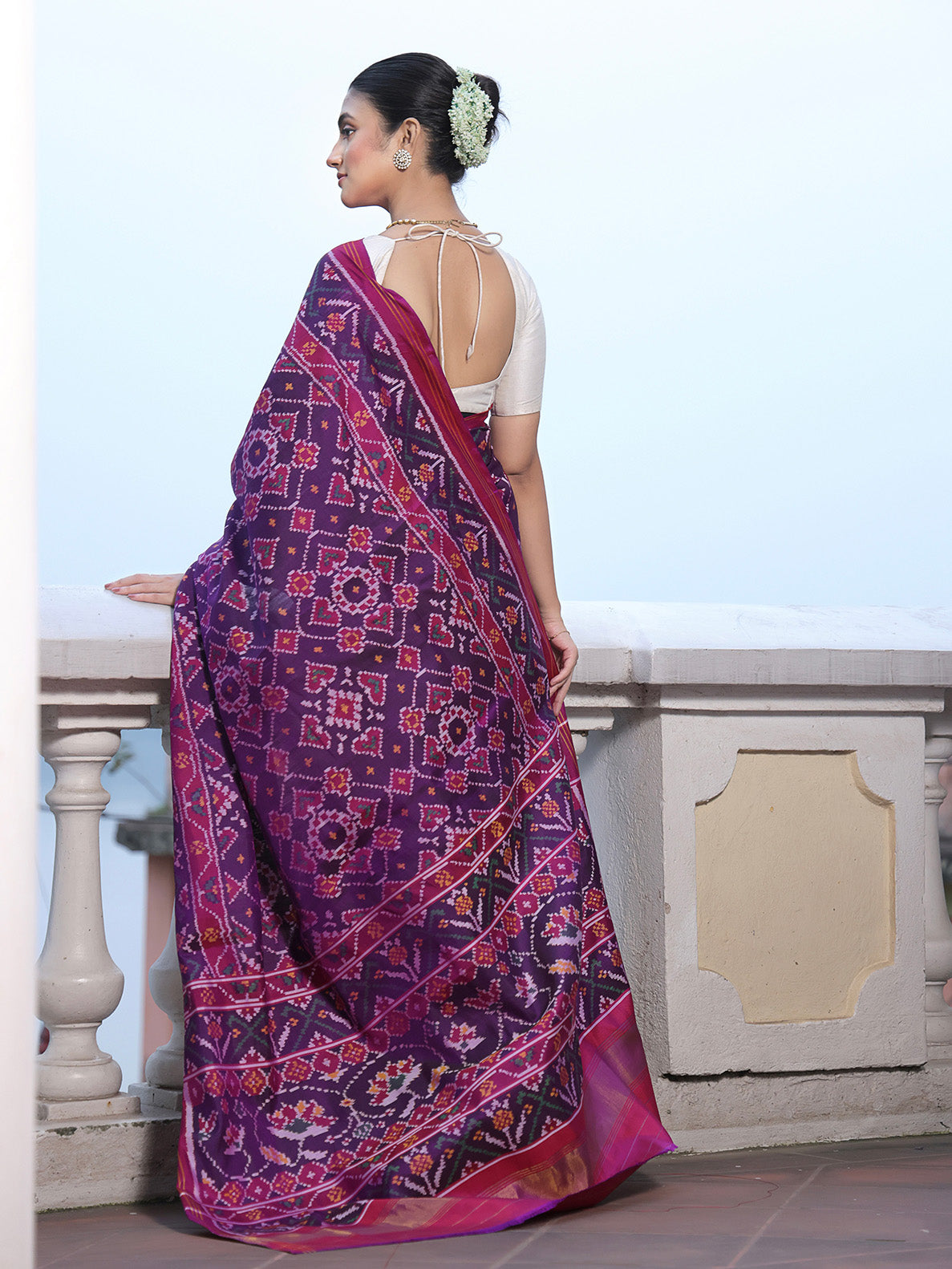 Stylish Handloom Violet and Pink Mulberry Silk Ikat Patola Saree with Intricate Pan Bhat Motif