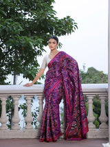 Distinct Handloom Violet and Pink Mulberry Silk Ikat Patola Saree with Nari Kunjar Pattern