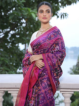 Distinct Handloom Violet and Pink Mulberry Silk Ikat Patola Saree with Nari Kunjar Pattern