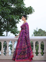 Distinct Handloom Violet and Pink Mulberry Silk Ikat Patola Saree with Nari Kunjar Pattern