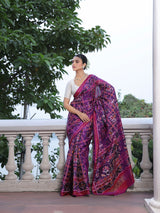 Distinct Handloom Violet and Pink Mulberry Silk Ikat Patola Saree with Nari Kunjar Pattern