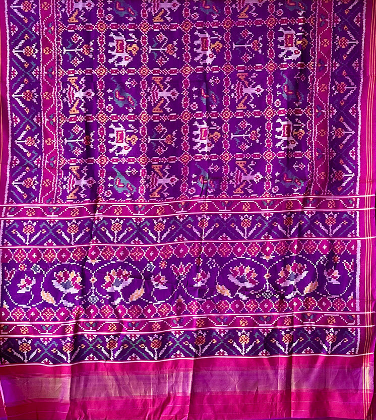 Distinct Handloom Violet and Pink Mulberry Silk Ikat Patola Saree with Nari Kunjar Pattern