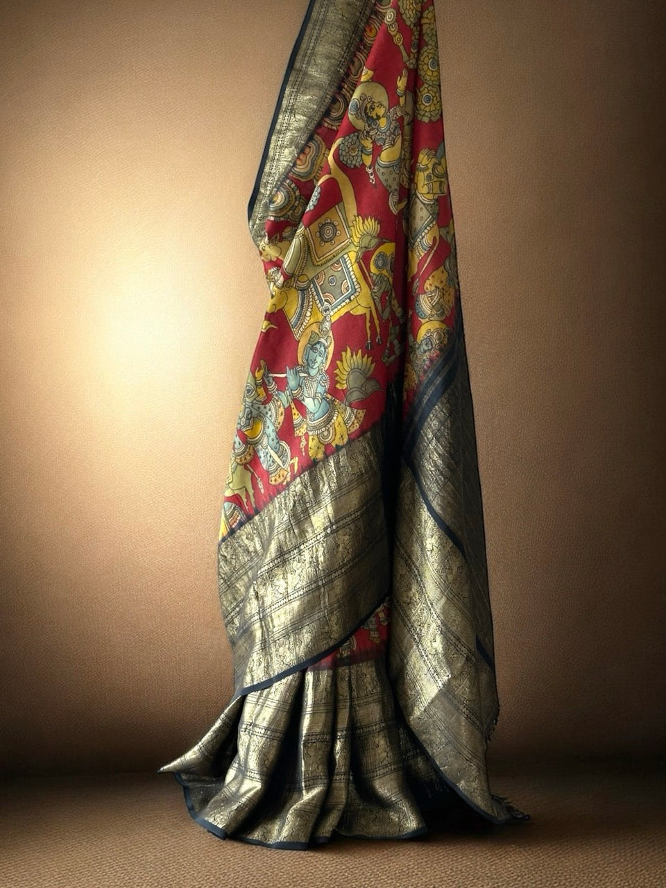 vrindavan-tales-theme-pure-kanjivaram-silk-kalamkari-saree