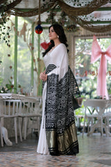 Pure Gajji Silk White & Black Rasmandal Circle Bandhani Saree