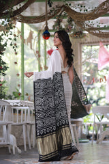 Pure Gajji Silk White & Black Rasmandal Circle Bandhani Saree