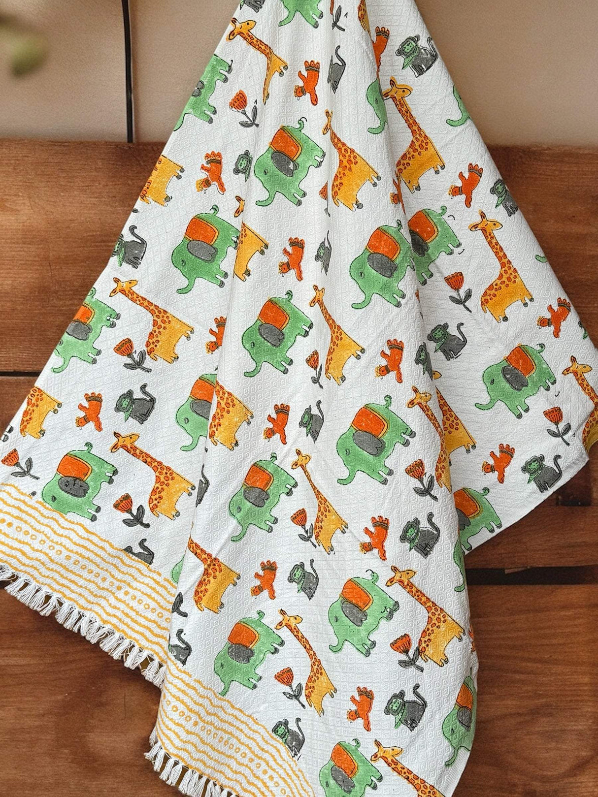 Elephant Giraffe Blockprint Kids Towel – Cotton Jacquard Weave