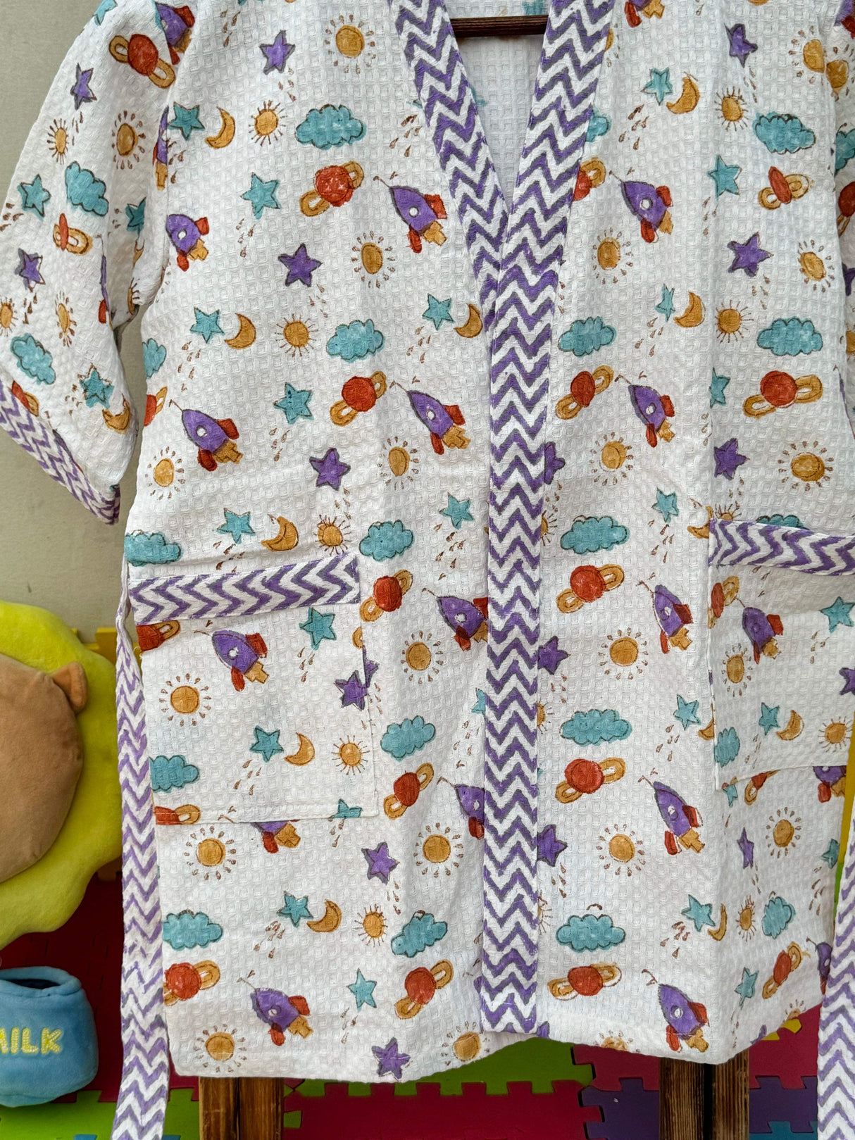cotton waffle bathrobe kids space design available for bulk gifting and retail globally, perfect for swimming