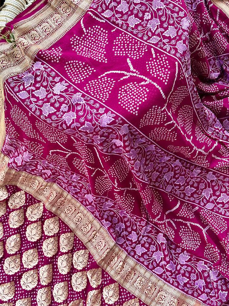 Wine Colour Pure Banarsee Georgette Bandhani Saree with Machine Embroidery