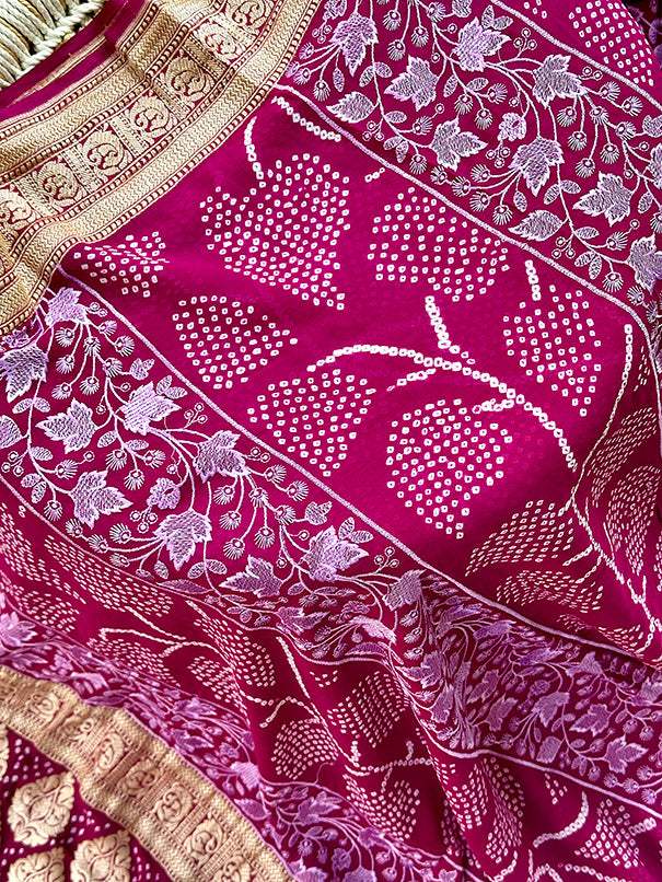 Wine Colour Pure Banarsee Georgette Bandhani Saree with Machine Embroidery