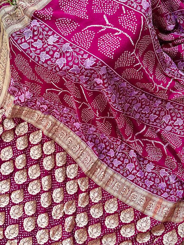 Wine Colour Pure Banarsee Georgette Bandhani Saree with Machine Embroidery