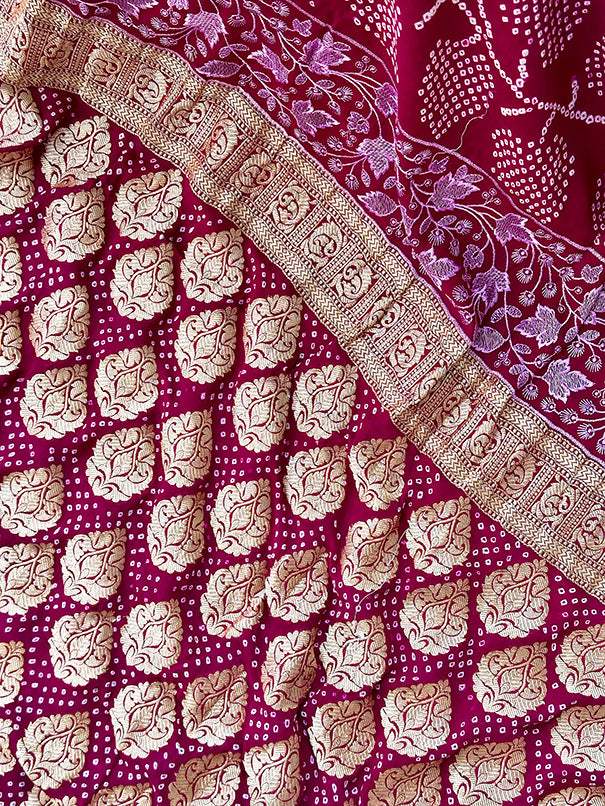 Wine Colour Pure Banarsee Georgette Bandhani Saree with Machine Embroidery