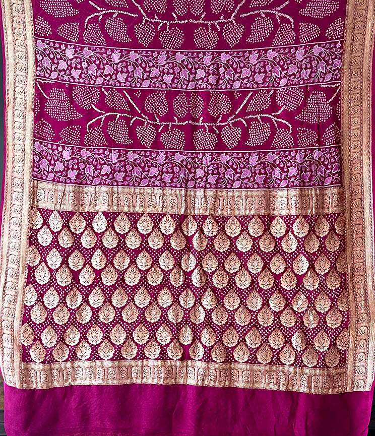 Wine Colour Pure Banarsee Georgette Bandhani Saree with Machine Embroidery