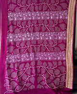 Wine Colour Pure Banarsee Georgette Bandhani Saree with Machine Embroidery