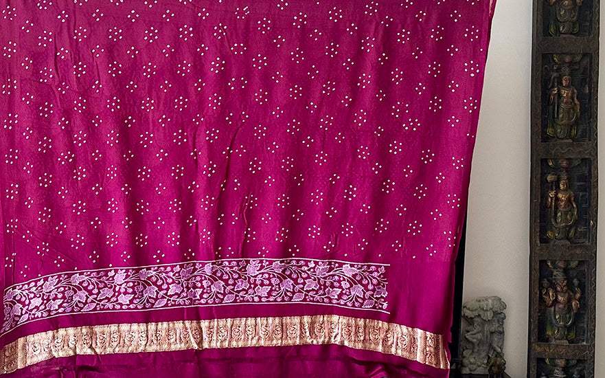 Wine Colour Pure Banarsee Georgette Bandhani Saree with Machine Embroidery