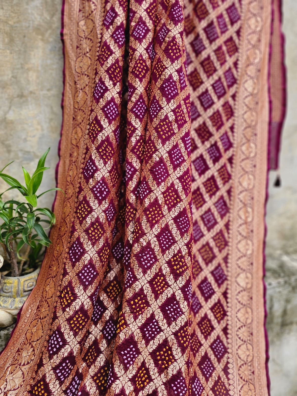 Wine Pure Banarsi Georgette Neemzari Bandhani Dupatta