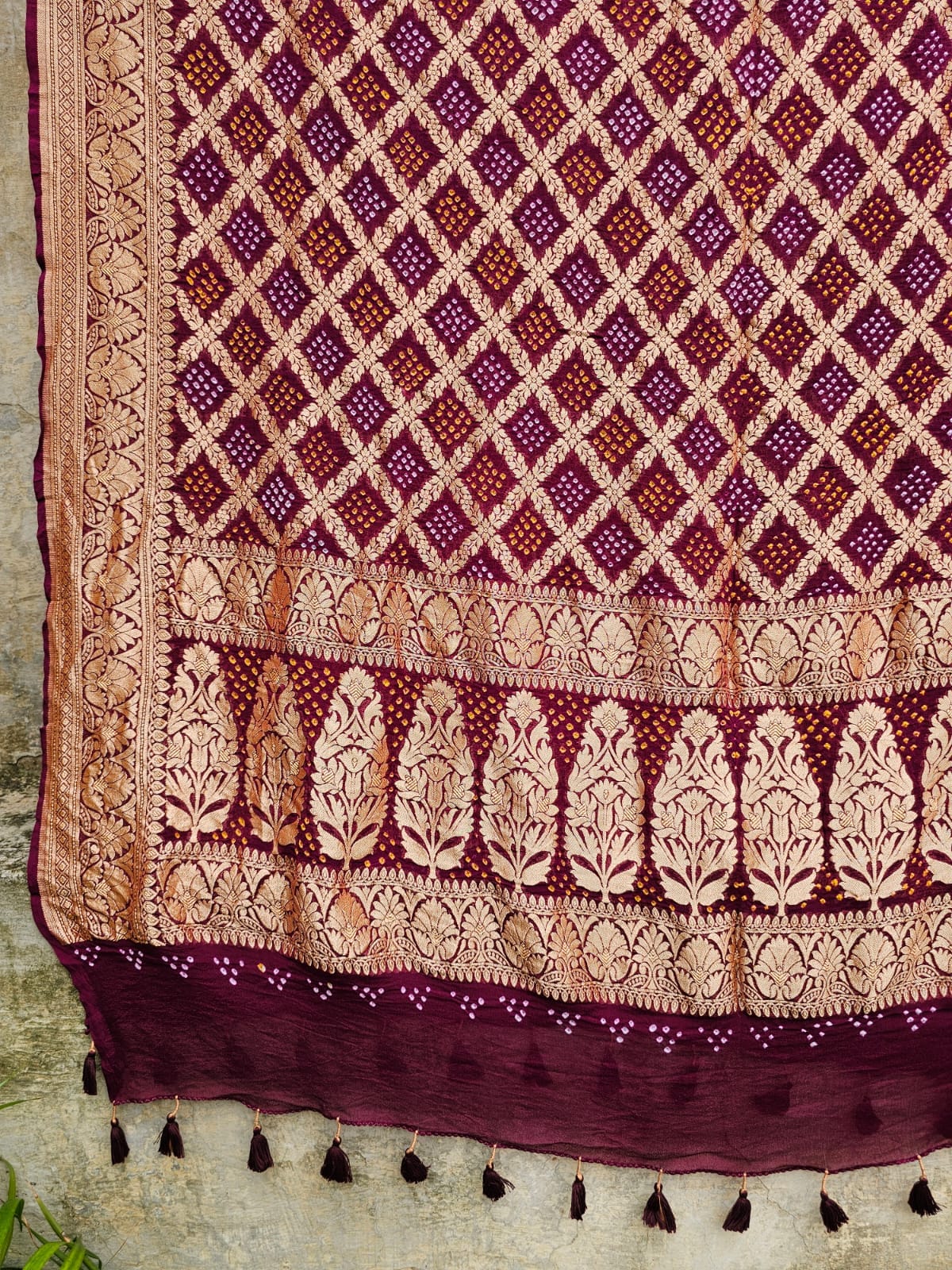 Wine Pure Banarsi Georgette Neemzari Bandhani Dupatta