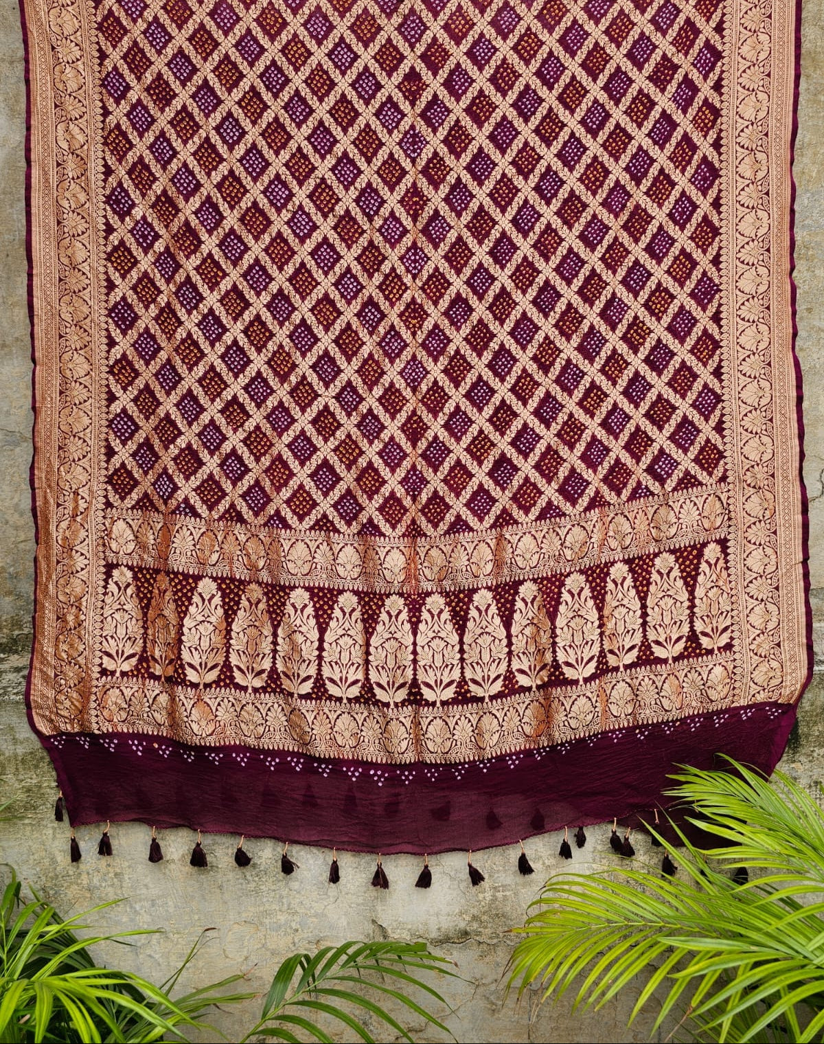 Wine Pure Banarsi Georgette Neemzari Bandhani Dupatta