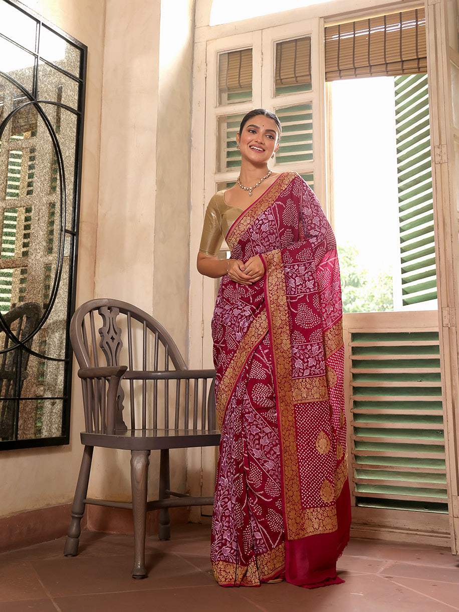 Wine Colour Pure Banarsee Georgette Bandhani Saree with Machine Embroidery