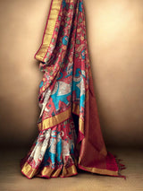 Geru Colour Base Yali Theme Pure Mulberry Silk Kalamkari Saree