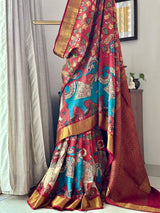 Geru Colour Base Yali Theme Pure Mulberry Silk Kalamkari Saree