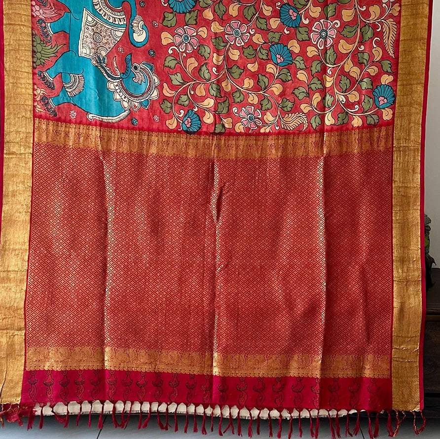 Geru Colour Base Yali Theme Pure Mulberry Silk Kalamkari Saree