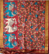 Geru Colour Base Yali Theme Pure Mulberry Silk Kalamkari Saree