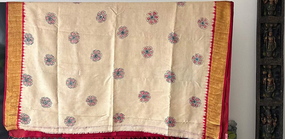 Geru Colour Base Yali Theme Pure Mulberry Silk Kalamkari Saree