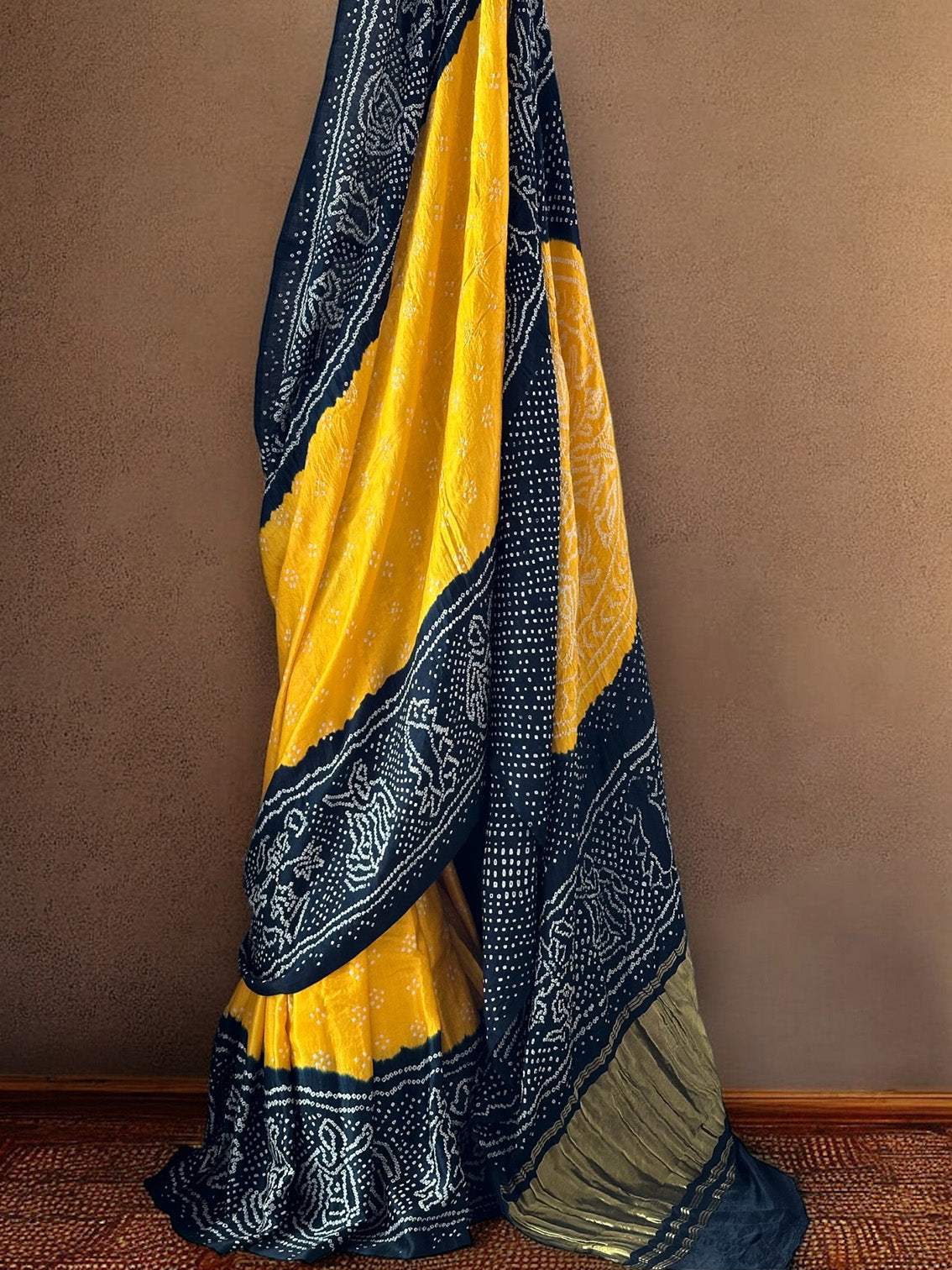 Yellow and Black Pure Gajji Silk Bandhani Saree