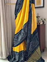 Yellow and Black Pure Gajji Silk Bandhani Saree