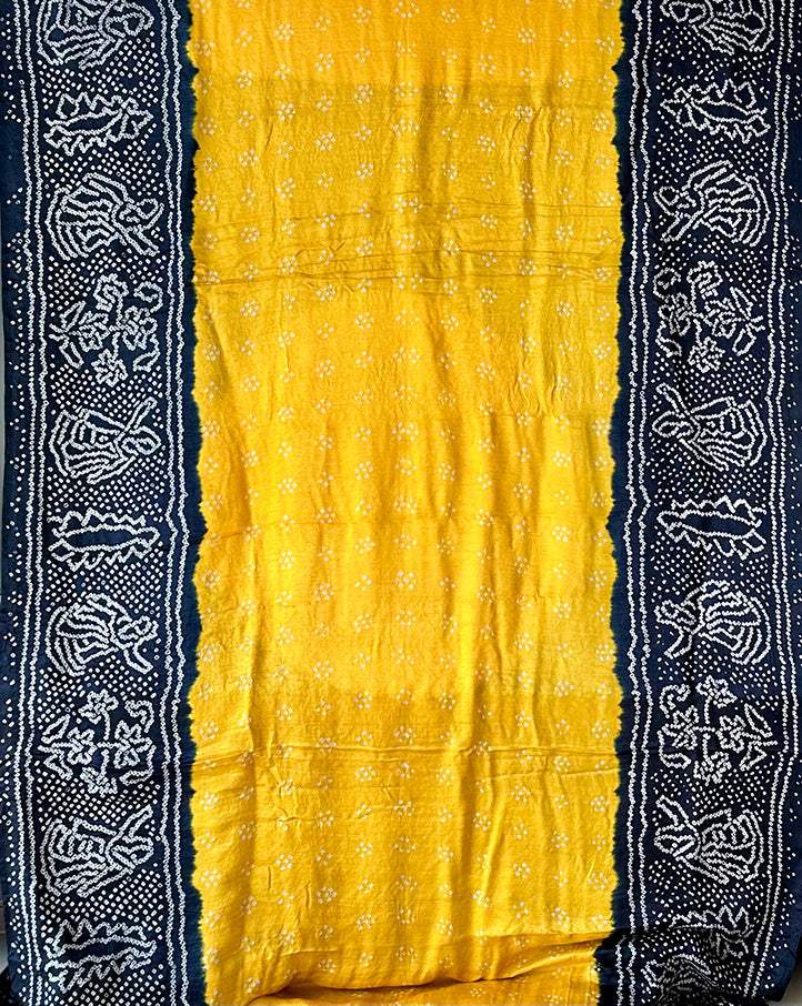 Yellow and Black Pure Gajji Silk Bandhani Saree