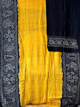 Yellow and Black Pure Gajji Silk Bandhani Saree