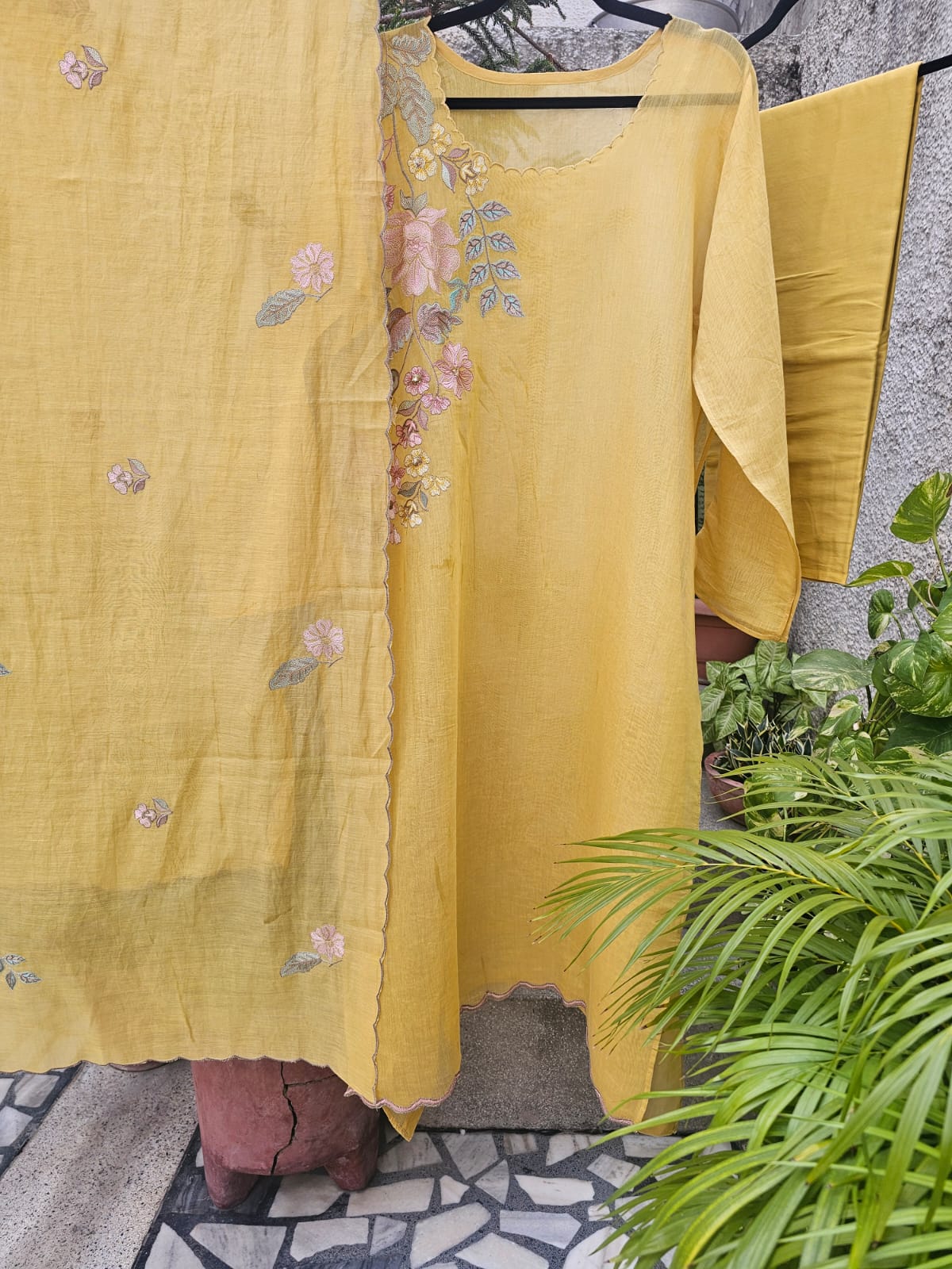 3 Piece Chanderi Mulmul Semi Stitched Suit Set in Shade of Yellow