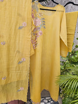 3 Piece Chanderi Mulmul Semi Stitched Suit Set in Shade of Yellow