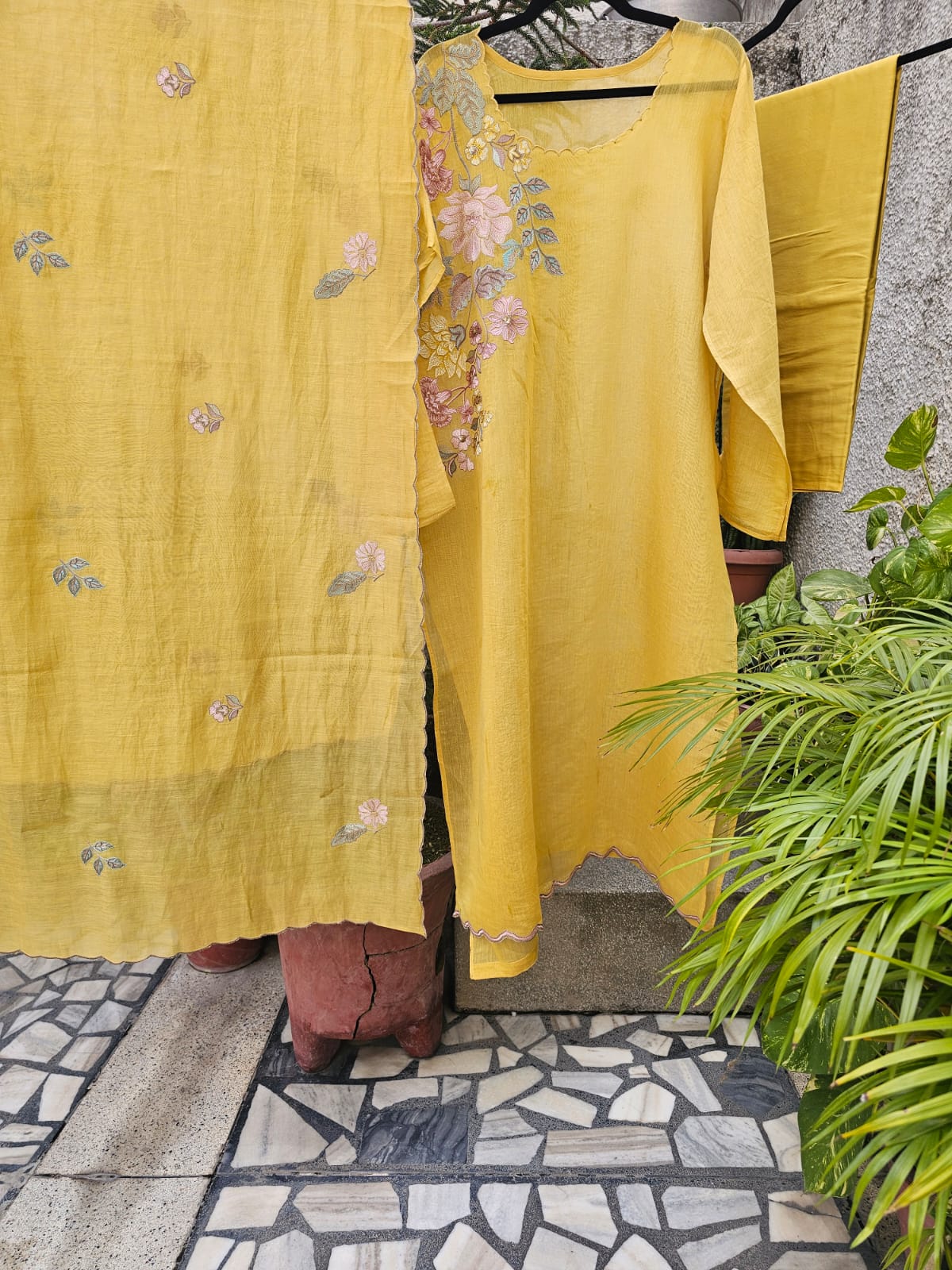 3 Piece Chanderi Mulmul Semi Stitched Suit Set in Shade of Yellow