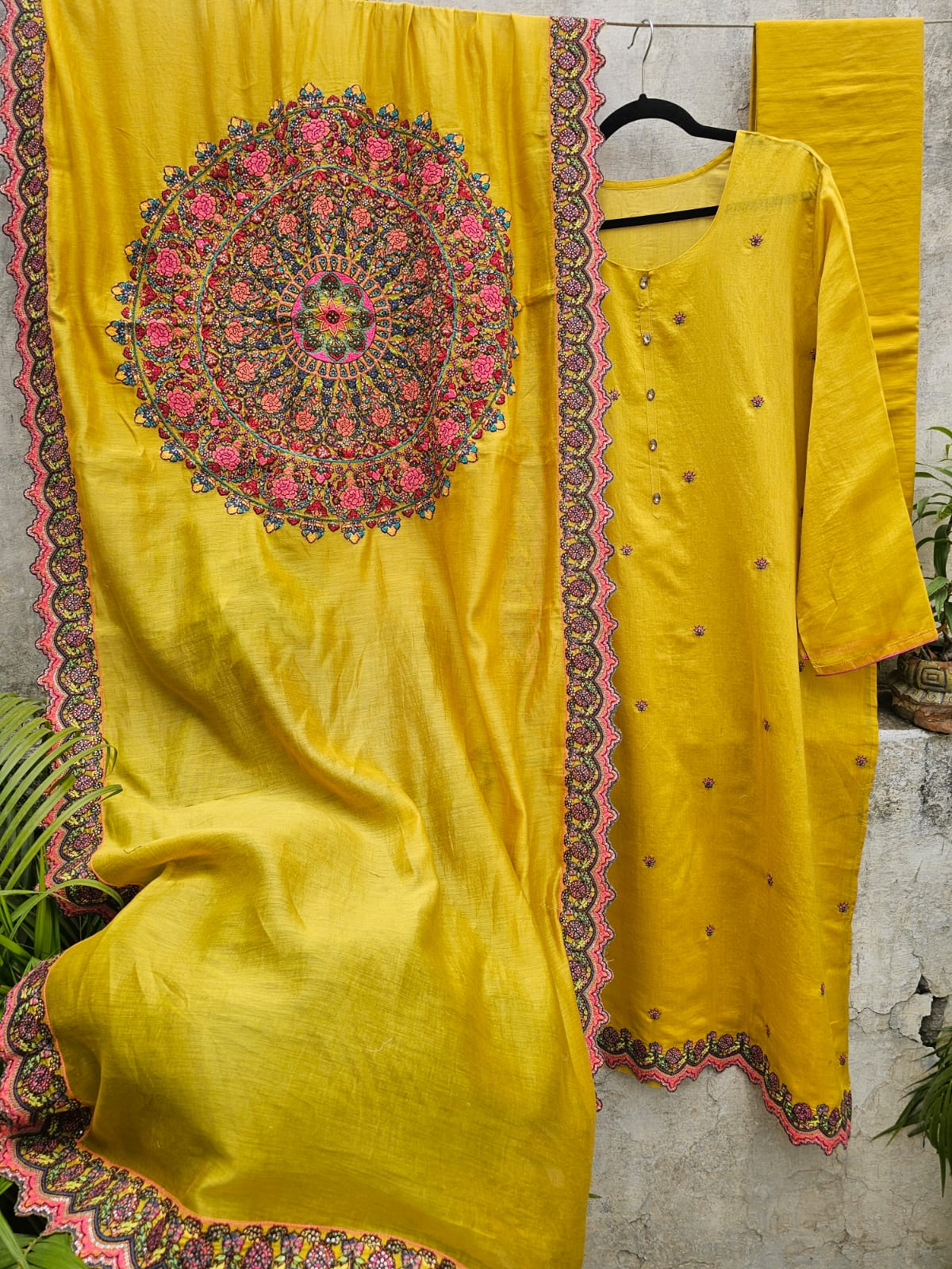 3 Piece Chanderi Mulmul Semi Stitched Suit Set in Shade of Yellow