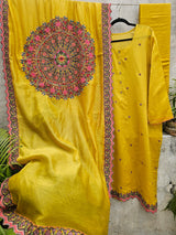 3 Piece Chanderi Mulmul Semi Stitched Suit Set in Shade of Yellow