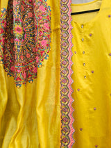 3 Piece Chanderi Mulmul Semi Stitched Suit Set in Shade of Yellow