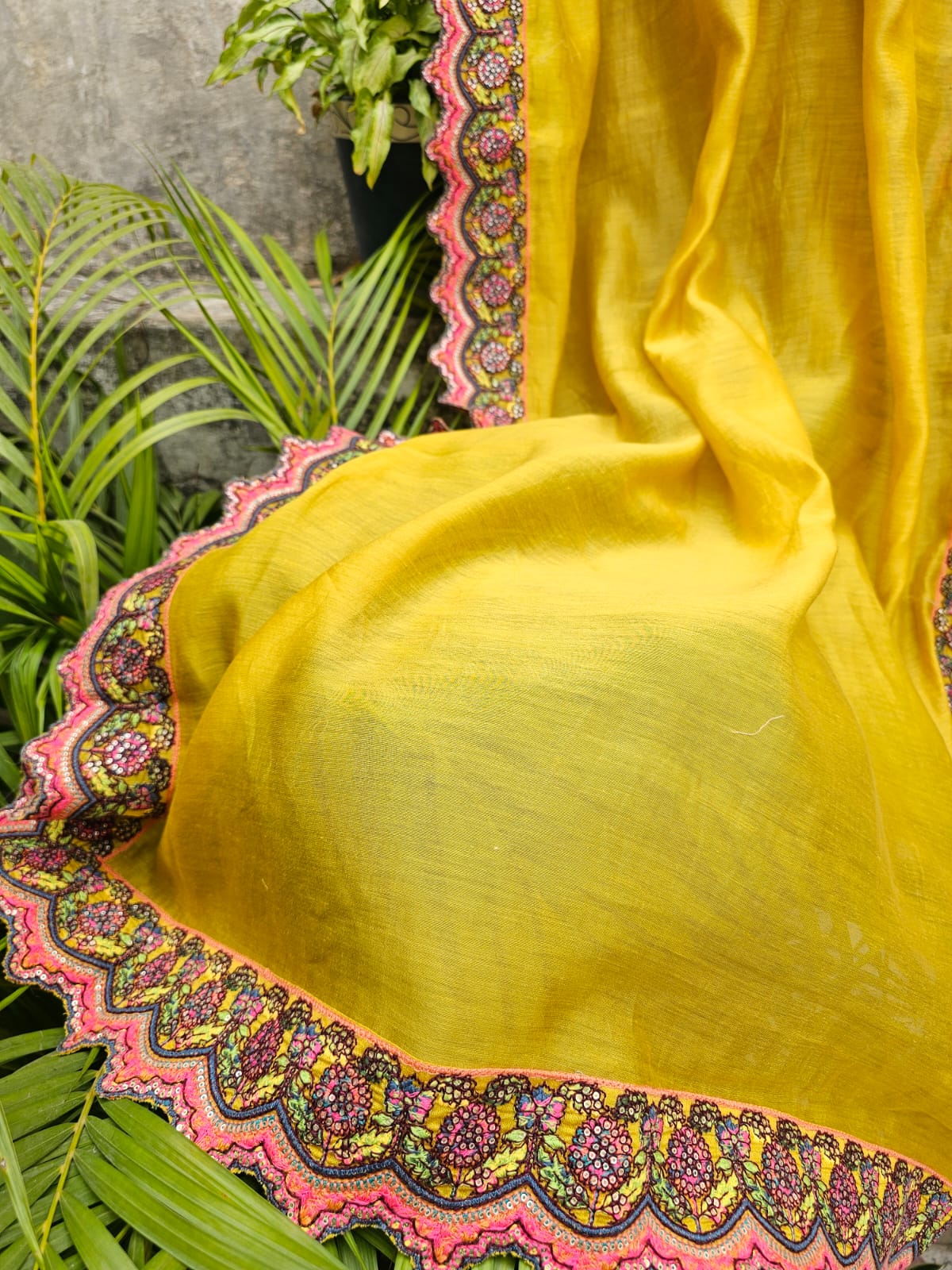 3 Piece Chanderi Mulmul Semi Stitched Suit Set in Shade of Yellow