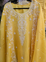 Pretty Yellow Chanderi Mulmul Three Piece Semi Stitched Suit Set