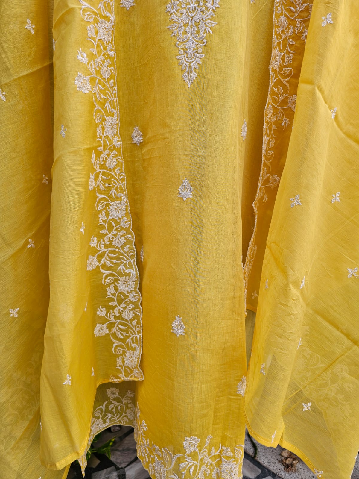 Pretty Yellow Chanderi Mulmul Three Piece Semi Stitched Suit Set