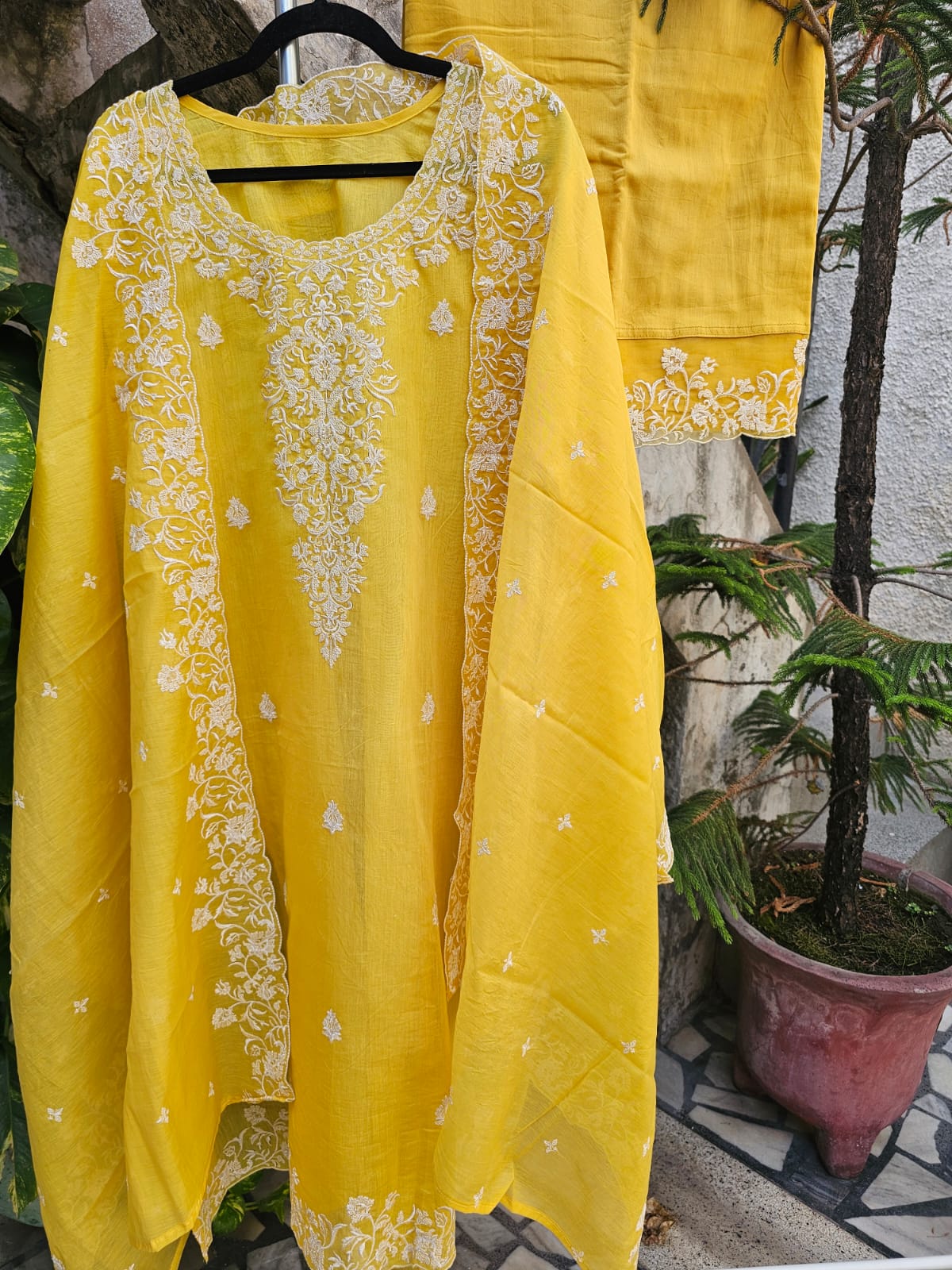 Pretty Yellow Chanderi Mulmul Three Piece Semi Stitched Suit Set