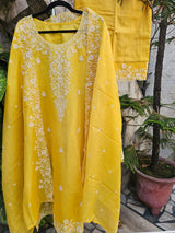 Pretty Yellow Chanderi Mulmul Three Piece Semi Stitched Suit Set