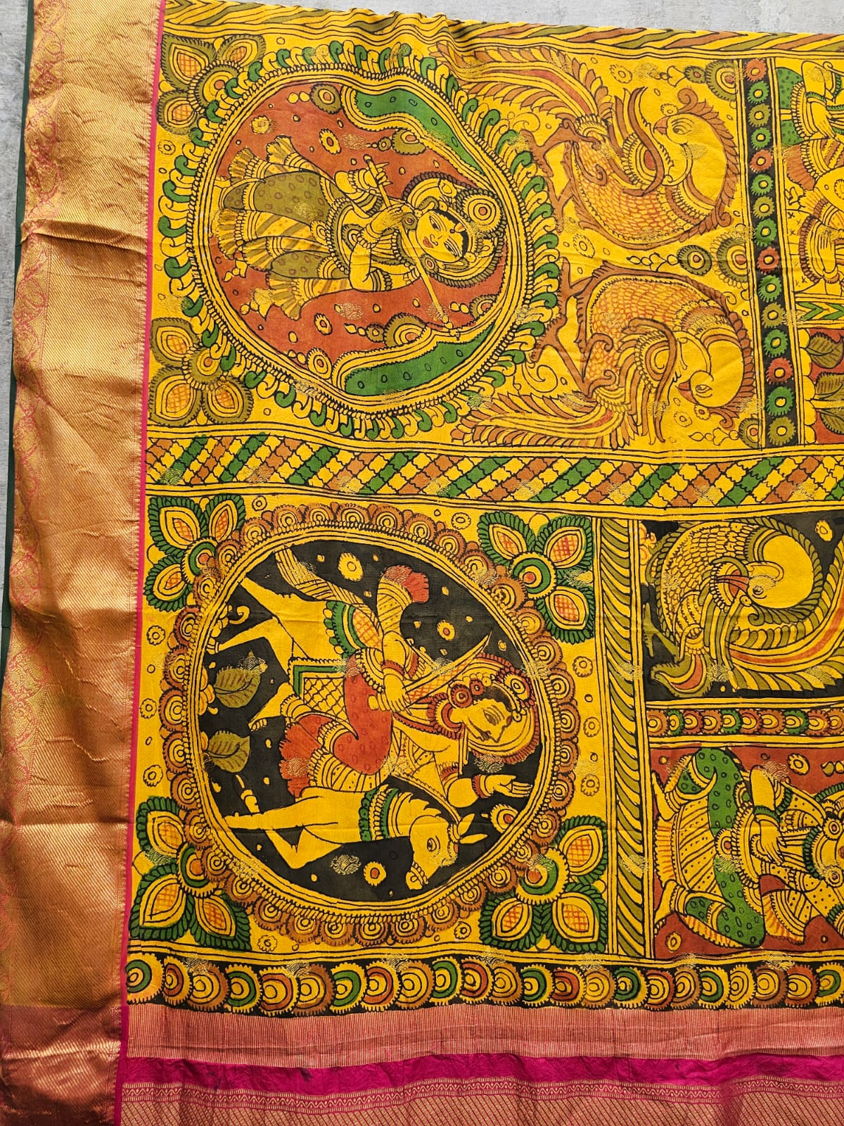 yellow-indian-mythological-theme-kanchipattu-kalamkari-saree