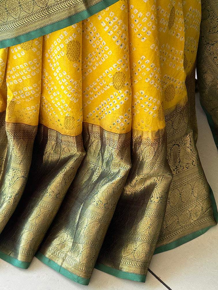 Yellow and Green Kanjivaram Silk Bandhani Saree